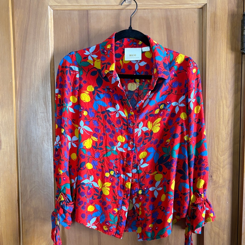 Maeve Red Floral Pear and Cherry -Print Button-Down Shirt